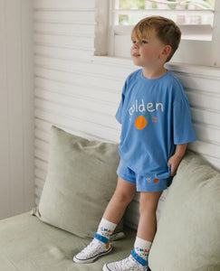 Golden Logo Mid Sleeve Tee - Pool Blue
