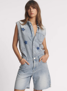 Jackson Boyfriend Star Mini Denim Jumpsuit - Soft Blue