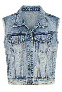 Cropped Denim Trucker Denim Vest - Acid Blue
