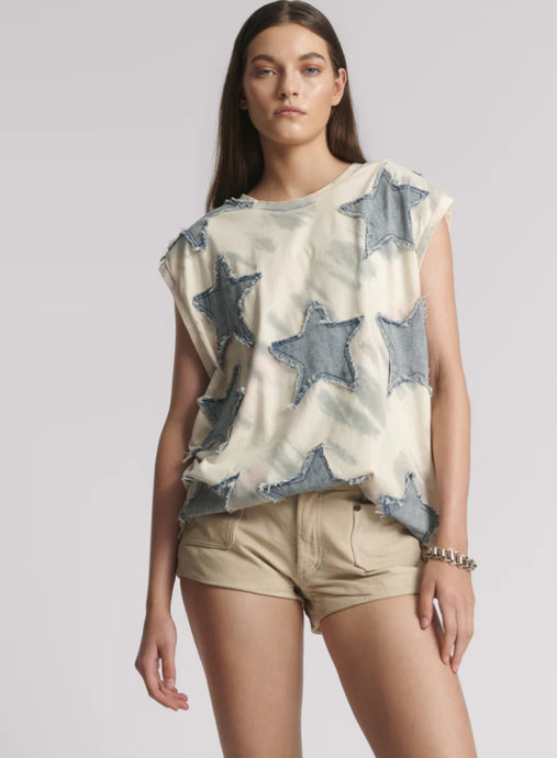 Denim Star Tie Dye Oversized Tank Top - Ivory / Blue