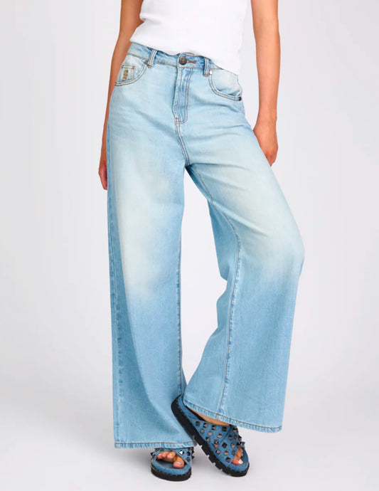 Love Machines Mid Waist Super Wide Leg Denim Jeans - Cool Blue
