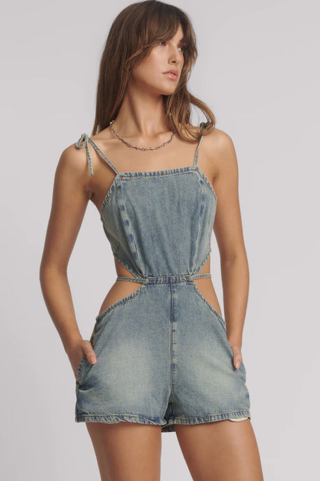 90's Backless Mini Denim Jumpsuit - Sunkissed Blue