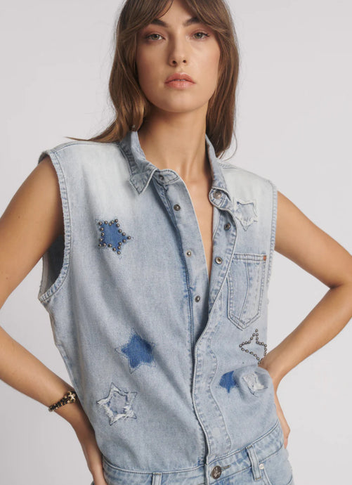 Jackson Boyfriend Star Mini Denim Jumpsuit - Soft Blue