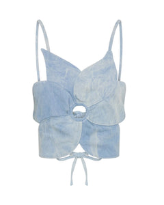 Denim Flower Backless Crop Top - Cloudy Blue