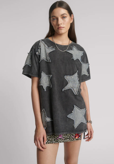 Denim Star Hand Embellished Boyfriend Tee - Charcoal