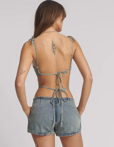 90's Backless Mini Denim Jumpsuit - Sunkissed Blue