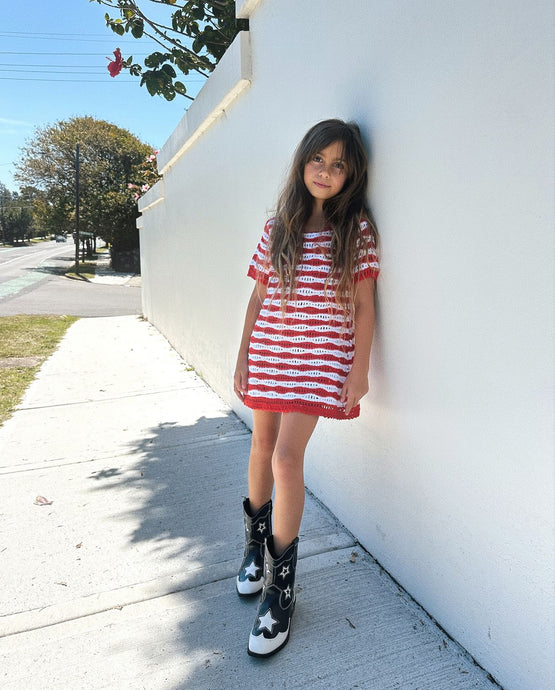 Wavy Crochet Dress - Red/White