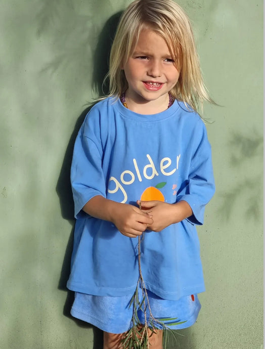 Golden Logo Mid Sleeve Tee - Pool Blue