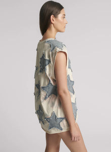 Denim Star Tie Dye Oversized Tank Top - Ivory / Blue