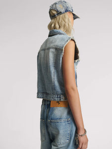 Cropped Denim Trucker Denim Vest - Acid Blue