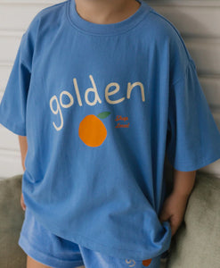 Golden Logo Mid Sleeve Tee - Pool Blue