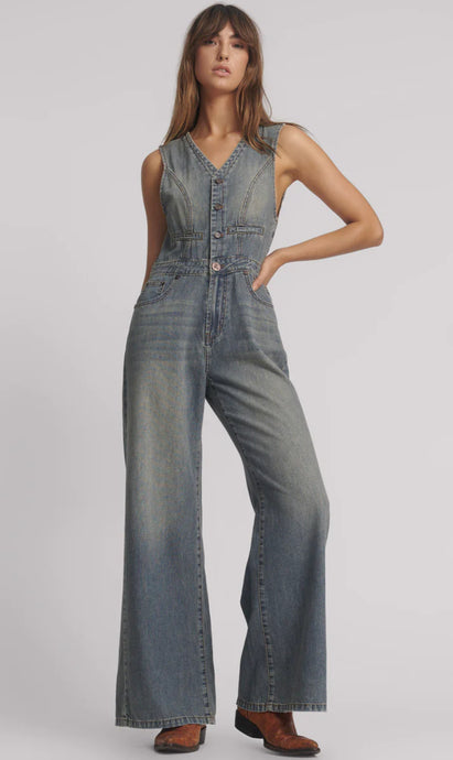 Love Machine Sleeveless Wide Leg Fitted Denim Jumpsuit - Dirty Blue Love