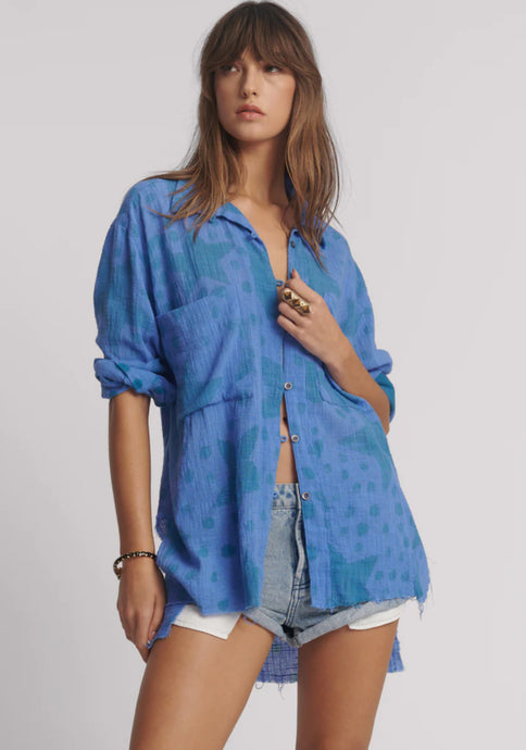 Polka Star Hand Print Muslin Longline Shirt - Blue