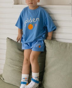 Golden Logo Mid Sleeve Tee - Pool Blue