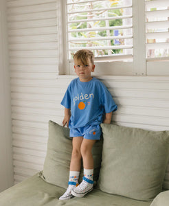 Golden Logo Mid Sleeve Tee - Pool Blue